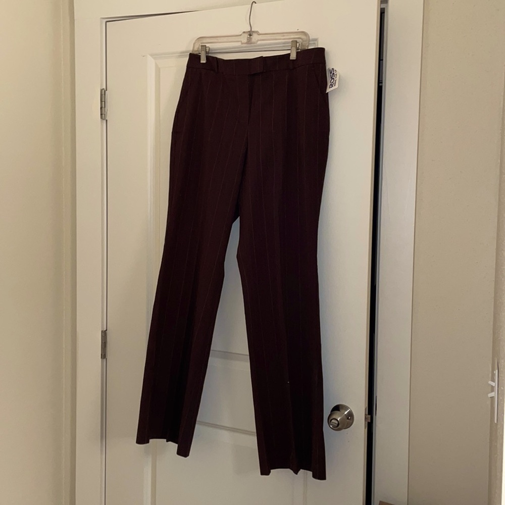 Brown With Subtle Pin Stripe dress pants with wide legs.